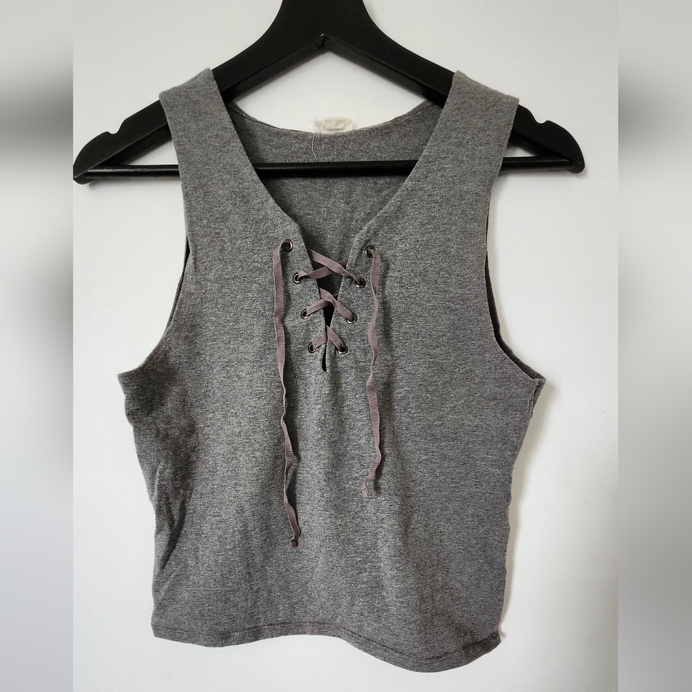 Garage Gray Crop Tie Front Tank Top